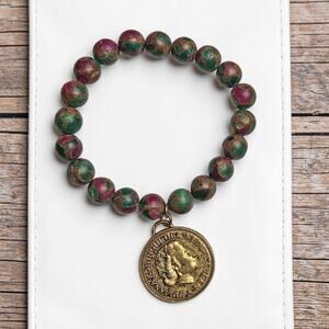 Amazing Semi Precious Beaded Matte Ruby Emerald Stretch Bracelet W Coin